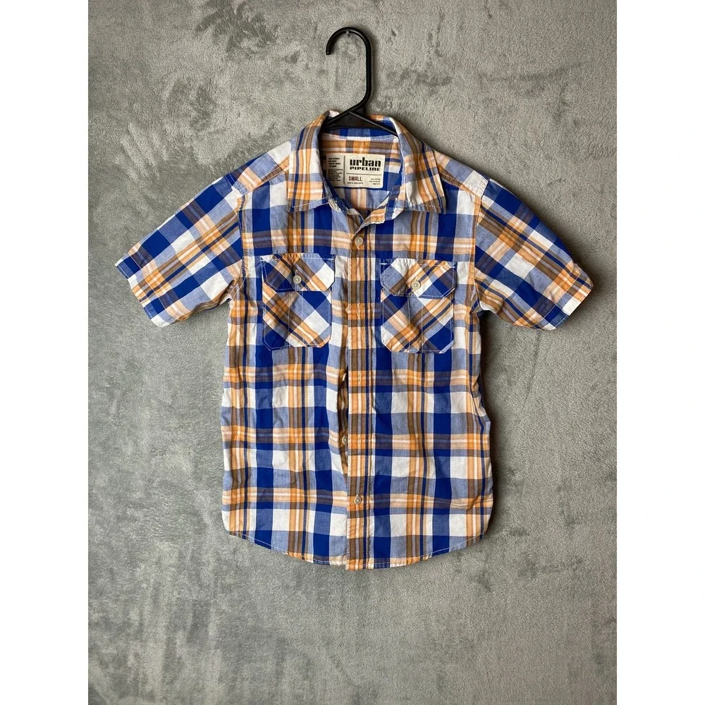 Urban Pipeline Boys Small Plaid Short Sleeve Shirt Blue Orange
